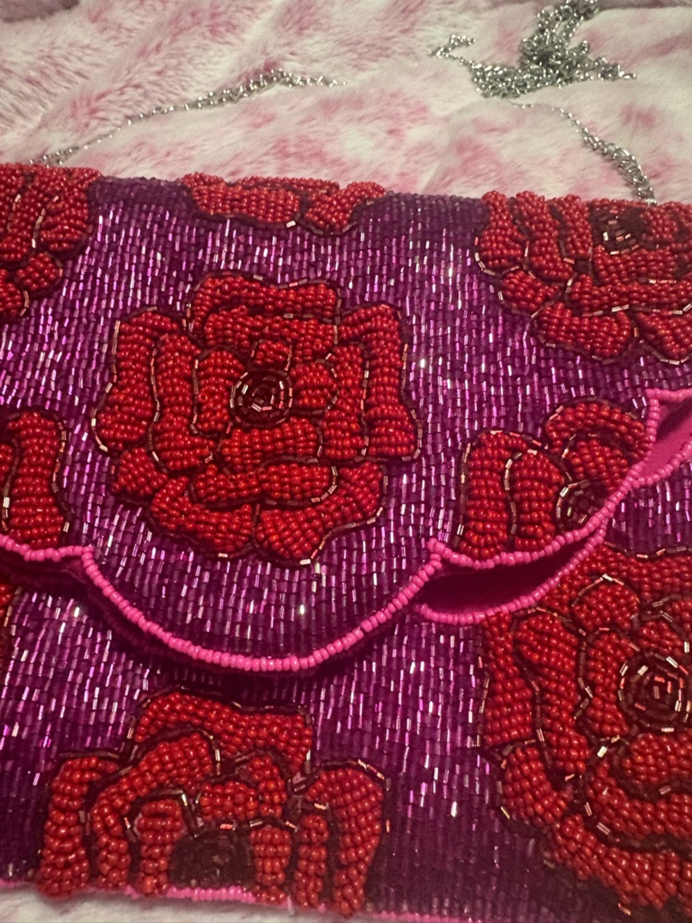 Beaded Floral Evening Clutch in Pink, Purple & Red